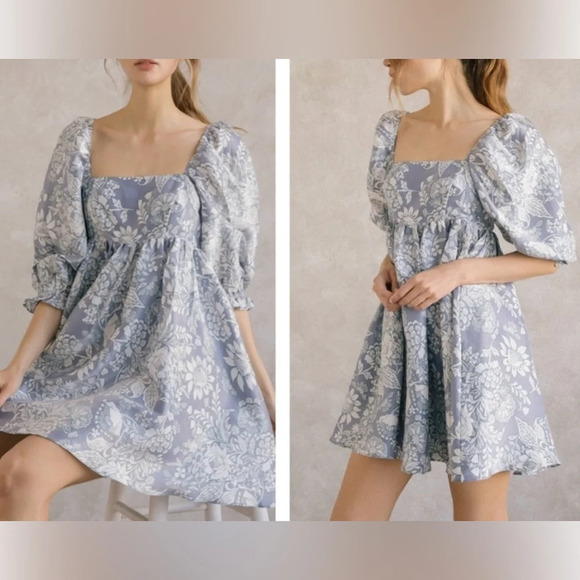 STORIA Claire Floral Damask Babydoll Puff Sleeve Mini Dress XS NWT - Picture 3 of 8